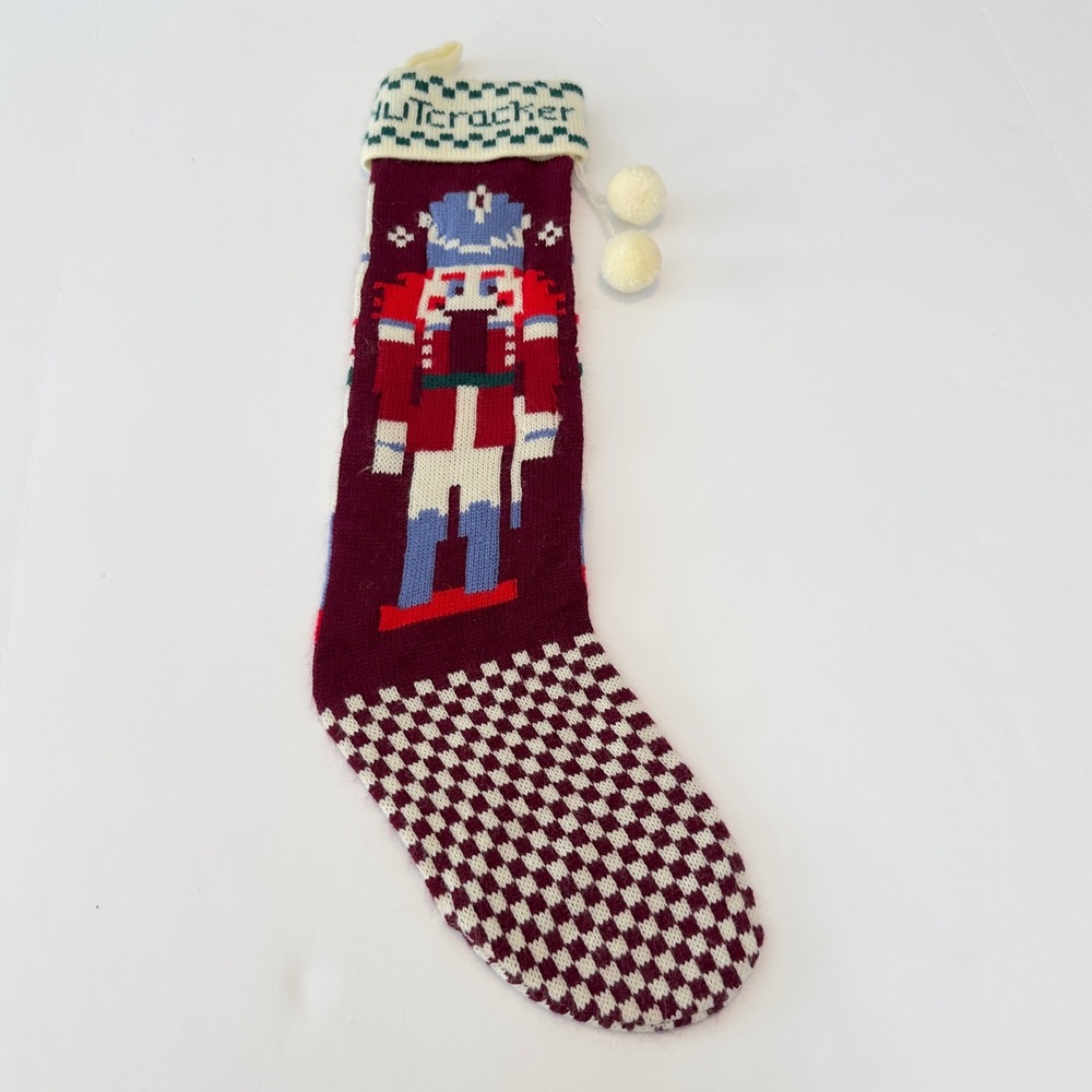 Vintage 1987 Summit Collection Nutcracker Knit Christmas Stocking Pom Poms